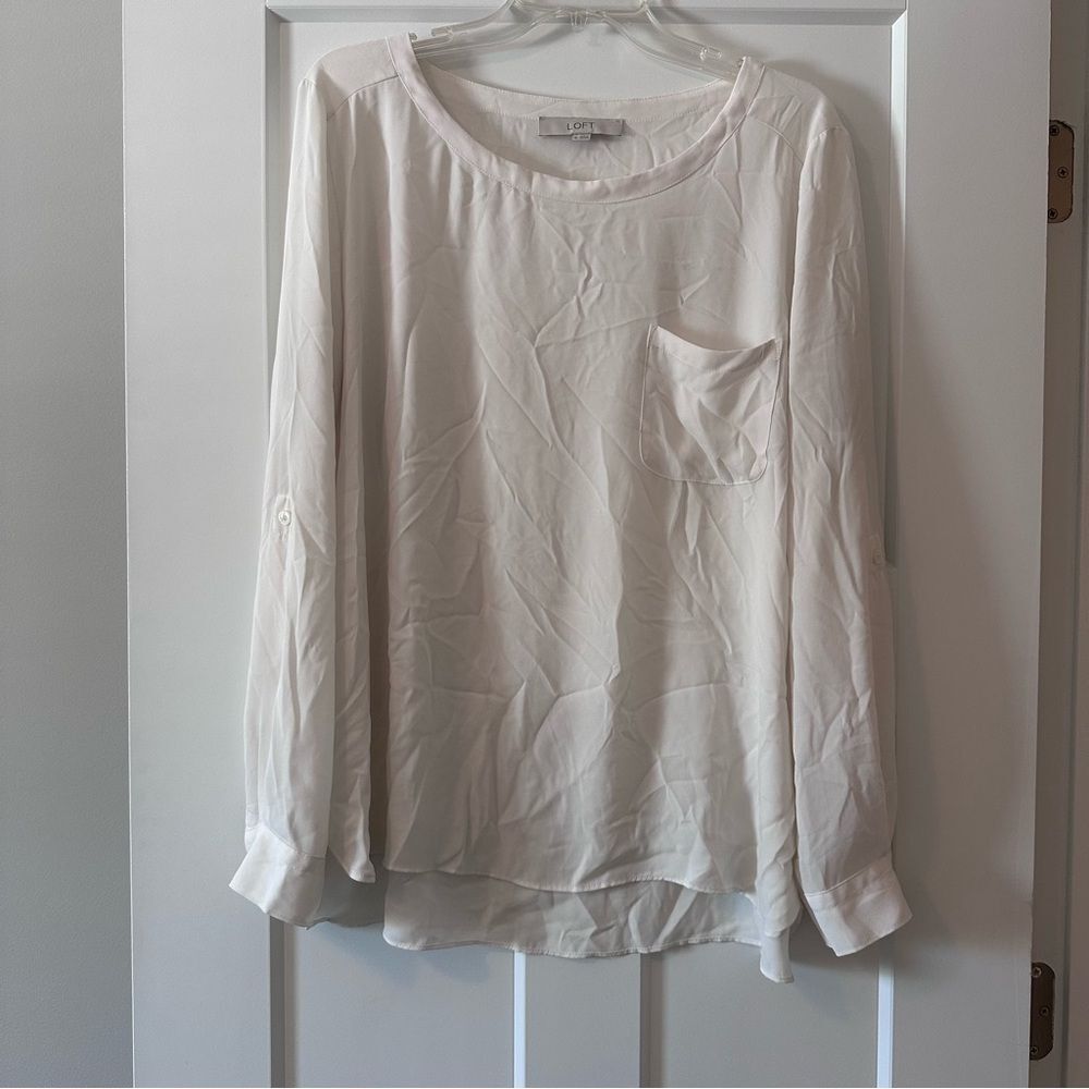 LOFT Ivory Roll Tab Sleeve Blouse XL Pocket Top